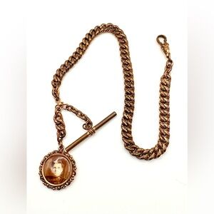 Antique Victorian Gold Filled Albert pocket watch chain with a photo fob